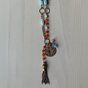 Light Blue and Orange Beaded Necklace with Gold Tassel